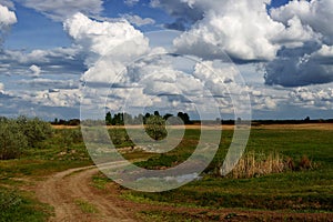 Wide green meadow with bright blue sky, beautiful cumulus clouds, summer background