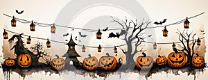 Wide halloween banner with jack o lanterns and bats in white background