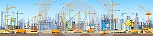 Wide head banner of city skyline construction process. Tower cranes on construction site. Buildings under construction.