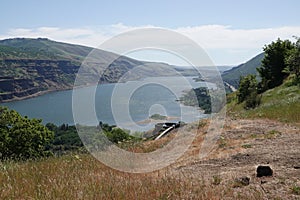Wide and high angle view on the Columbia river gorge valley from the Rowena ctrest viewpoint in Oregon photo