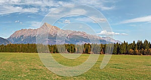 Wide high resolution panorama of green meadow with small forest and mount Krivan peak - Slovak symbol - in distance, blue sky