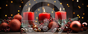 Wide horizontal banner with red and gold color candles and Christmas balls