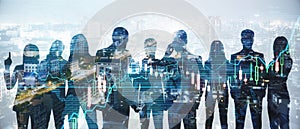 Wide image of businesspeople silhouettes standing on abstract night city background with forex chart. Teamwork, trade and success