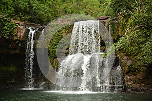 A wide jungle waterfall among the bright tropical plants