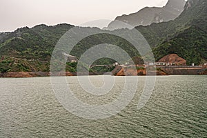 Wide landscape with bow bridge in Zigui region on Yangtze River, China