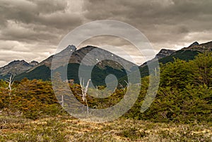 Wide landscape of forest and mountain at Martial Mountains, Ushuaia, Argentina