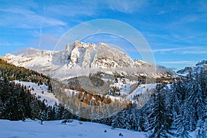 Wide Landscape of Pela the Vit, on Stevia in the Dolomites above Wolkenstein, Selva. Sundown in the Dolomiti in SÃ¼dtirol