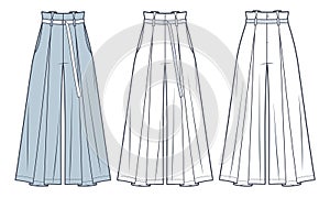 Wide Leg Pants technical fashion illustration. Skirt Pants fashion flat technical drawing template, pleats, back zipper, pocket