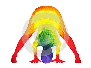 Wide-Legged Forward Bend Pose yoga, 7 color chakra watercolor painting