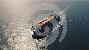 A wide-lens view of a huge shipping cargo ship in the open sea.