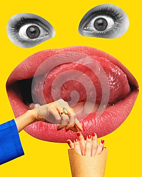Wide open eyes and giant mouth. Woman picking fingers from box with fries over yellow background. Contemporary art