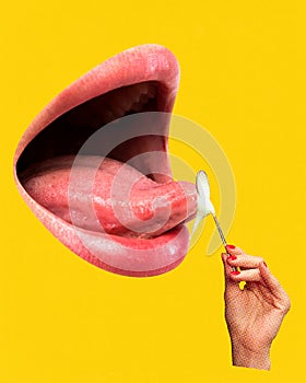 Wide open, giant female mouth eating cream with vintage spoon yellow background. Contemporary art collage.