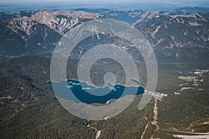 Panoramic view of Eibsee lake landscape on top Zugspitze; Wetterstein mountains, Experienced peoples hiking advenure in Alpen