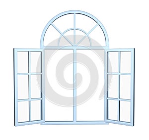 Wide open modern arch window. 3D image isolated on white