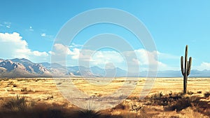 A wide-open plain with a lone cactus and tumbleweeds rolling by - .