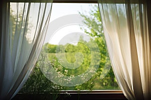 a wide open window with sheer curtains rustling in the breeze