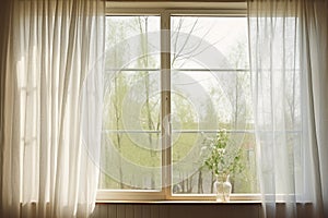 a wide open window with sheer curtains rustling in the breeze