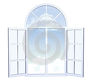 Wide open window with sky and clouds outside the window