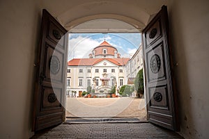 Wide opened doors to the Vranov nad Dyji castle photo