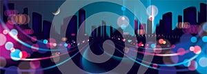 Wide panorama abstract urban night light bokeh , defocused background. Effect vector beautiful background. Blur colorful dark