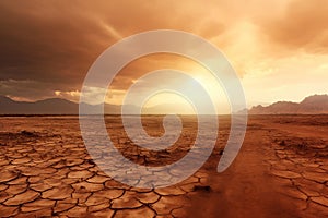 Wide panorama of barren cracked land with sun barely visible through the dust storm