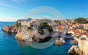 Wide panorama of the bay around around the Lovrjenac fortress in the old city of Dubrovnik ,as seen while walking the city walls.