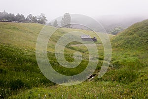 Wide panorama of beautiful foggy meadow. Dense fog over a stream in a meadow and trees silhouettes at early autumn morning