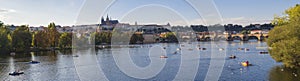 Wide panorama of Charles bridge over Vltava river and Gradchany, Prague Castle and St. Vitus Cathedral. Czech Republic, panoramic