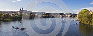 Wide panorama of Charles bridge over Vltava river and Gradchany, Prague Castle and St. Vitus Cathedral. Czech Republic, panoramic