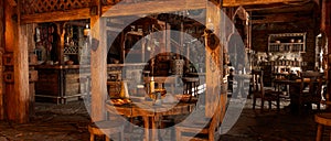 Wide panorama 3D illustration of fantasy medieval tavern bar