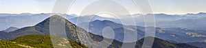 Wide panorama of green mountain hills in sunny clear weather. Carpathian mountains landscape in summer. View of rocky peaks covere