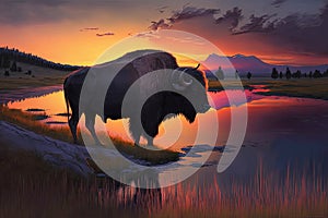 Buffalo during a gorgeous sunset in Yellowstone National Park