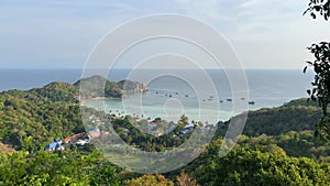 Wide panorama landscape view from the high Deisha viewpoint on picturesque tropical nature and sea, Chalok Baan Kao bay,