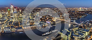 Wide panorama of London, UK, by night