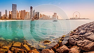 Wide panorama of Persian Gulf with famous Ferris wheel Dubai Eye and numerous skyscrapers with hotels and residences. Travel