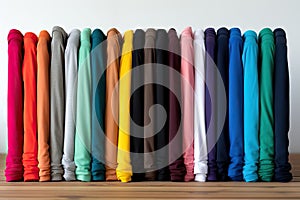 wide panorama row of many fresh new fabric cotton t-shirts in colorful rainbow colors isolated. Pile of various colored shirts