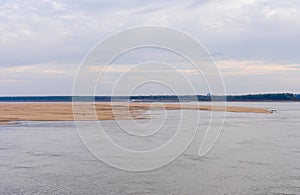 Wide panorama of sand banks of Mississippi river near Greenville MS in October 2023