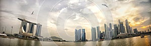 Wide panorama of Singapore`s urban landscape, Singapore city skyline, Panorama of Marina Bay Sands