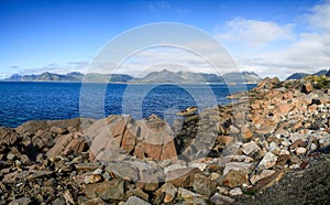 Wide panorama view on the fjord stone coastline Lofoten islands, Norway
