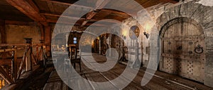 Wide panoramic 3d rendering of upstairs room in medieval fantasy inn