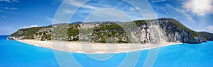 Wide, panoramic aerial view to the beautiful beach of Milos, Lefkada island, Greece