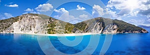 Wide panoramic aerial view to Myrtos beach and the coast of Kefalonia, Greece