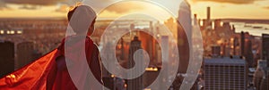 Panoramic View: Child in Superhero Cape at Golden Sunset