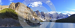 Moraine Lake Scenic Panoramic Wide Landscape Blue Water Mountain Peaks Alberta Banff National Park Canada Rockies