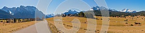 Wide panoramic landscape upper bavaria, bike and hike path with alps view, Buckelwiesen Mittenwald