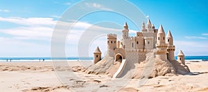 A wide panoramic shot of an elaborate sandcastle on a sandy beach with turrets, wall and a flag