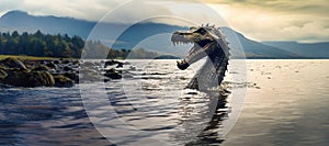 Wide panoramic shot of the Loch Ness monster (also known as Nessie) sticking his head and neck out of the water