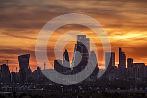 Wide panoramic sunset aerial view to the skyline of London,