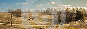 wide panoramic view of the early spring or late autumn hilly field with dry grass on the slopes, bare trees and a rural road under