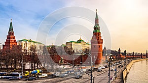 Wide view at Kremlins surrounding red walls with Borovitskaya and Vodovzvodnaya Towers, Moscow photo